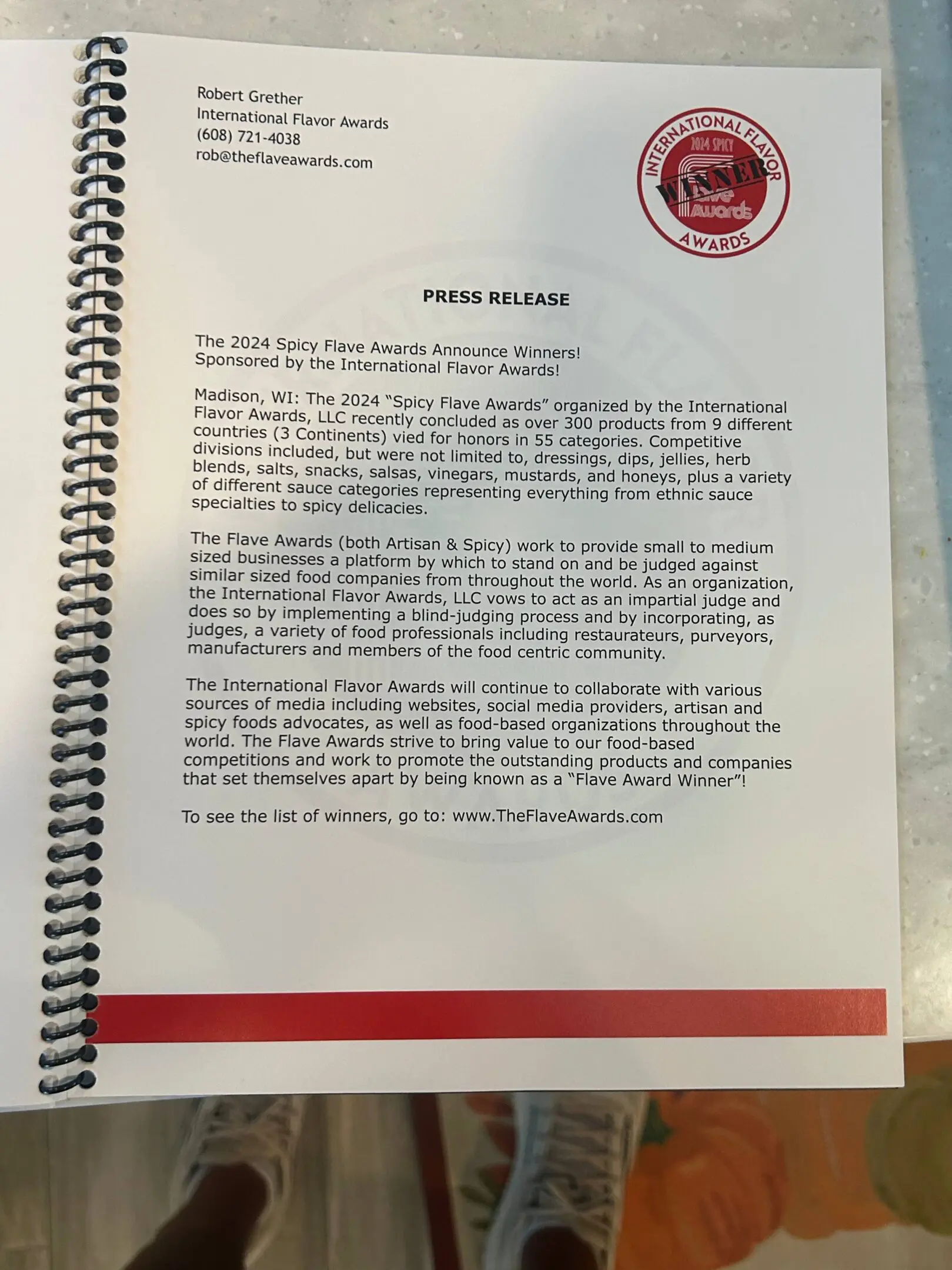 Spiral-bound press release for International Flavor Awards