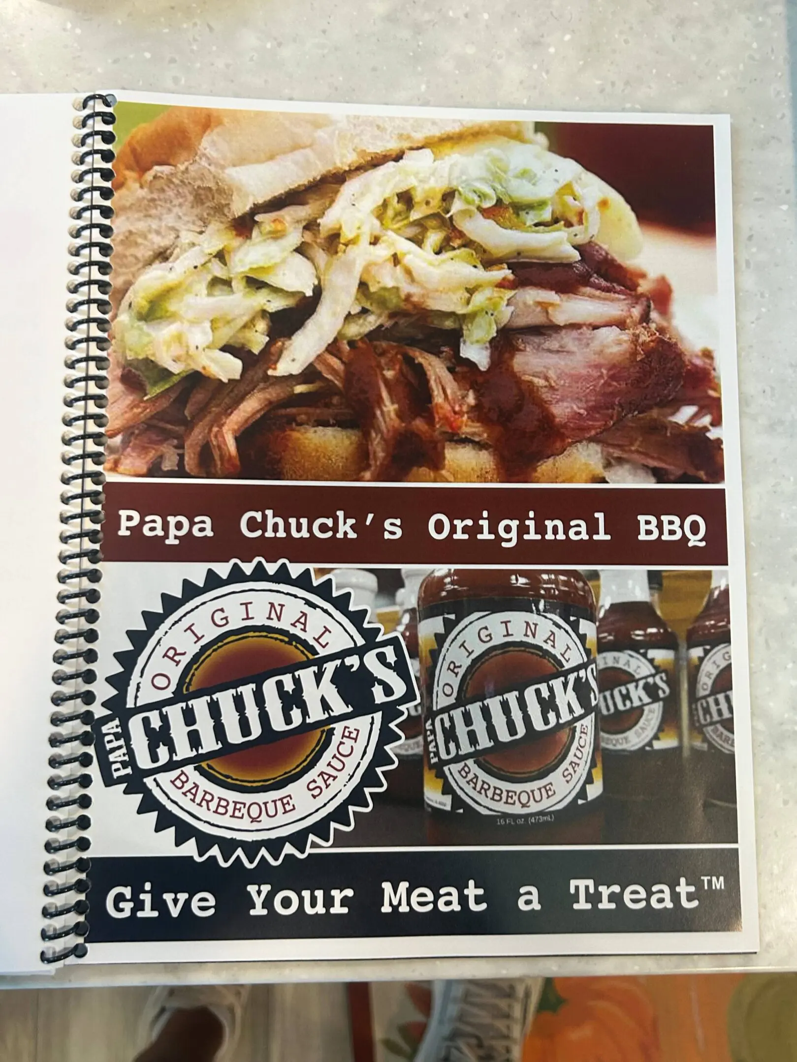 Papa Chuck's BBQ menu with pulled pork sandwich